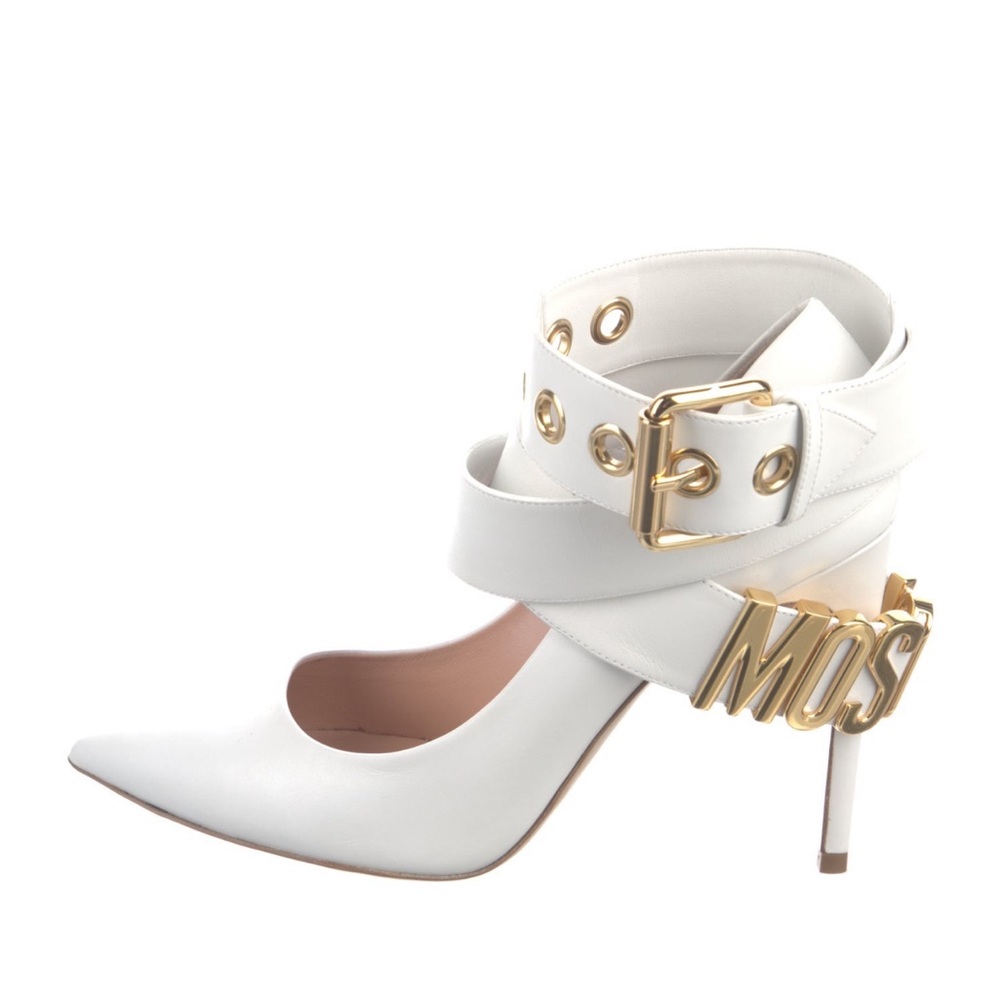 Moschino logo plaque wrap around heels 40, US 9.5/10